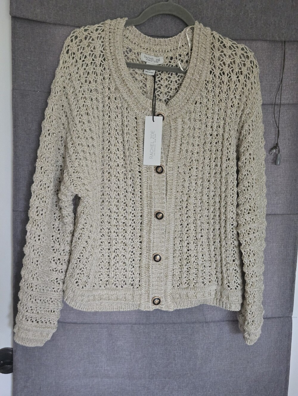 Rachel Zoe Chunky Cable Knit Sweater Cardigan Metallic Thread And Buttons Sz XL